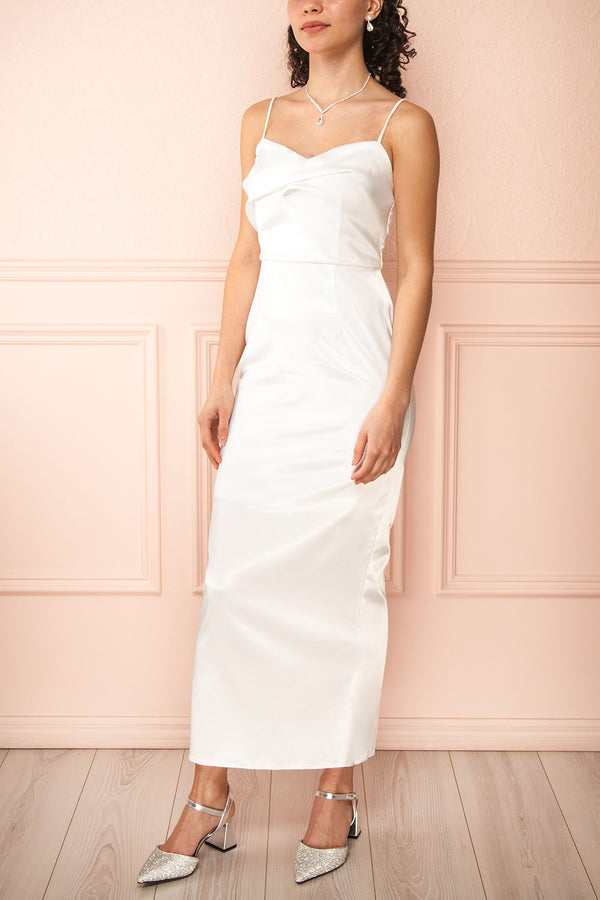 Galilea White Satin Midi Dress w/ Twist Front Galilea White Satin Midi Dress w/ Twist Front