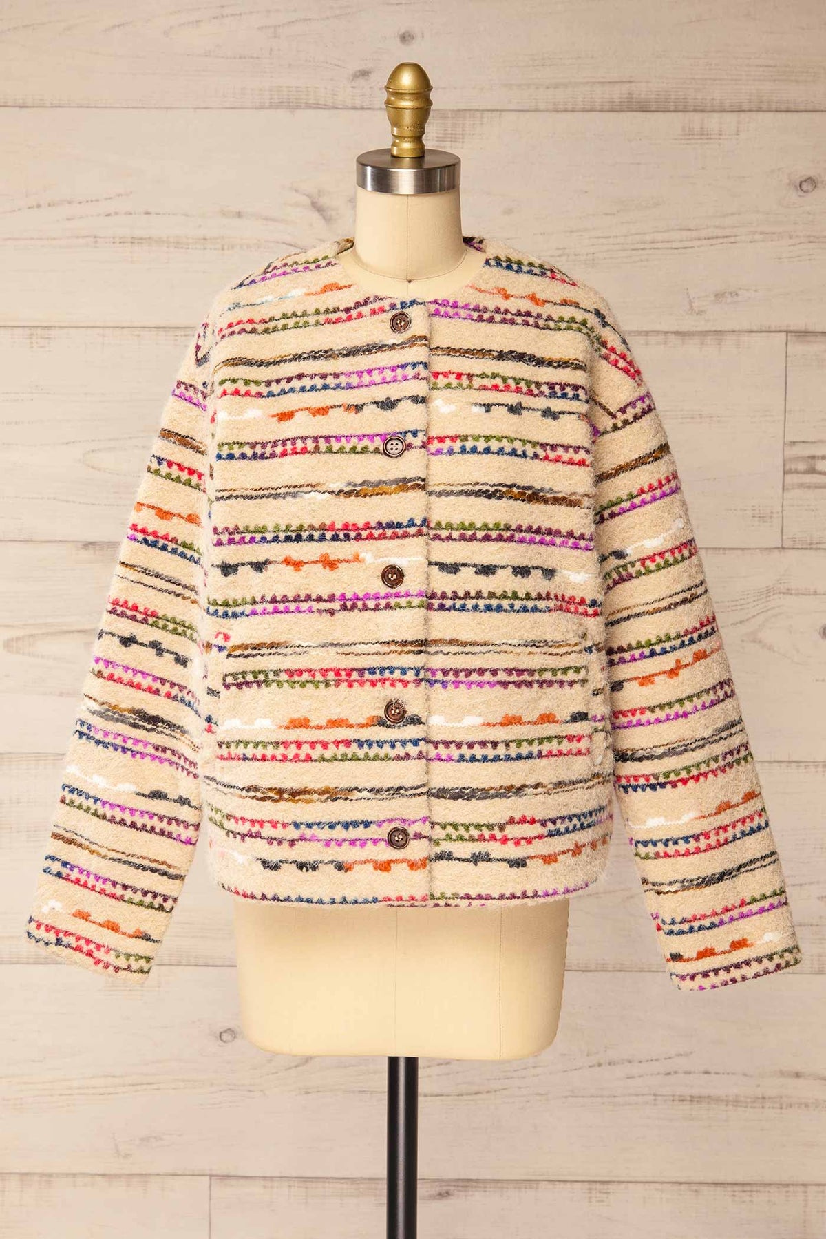 front view of Gamelbert Beige Jacket with Multicoloured Stripes at La petite garçonne