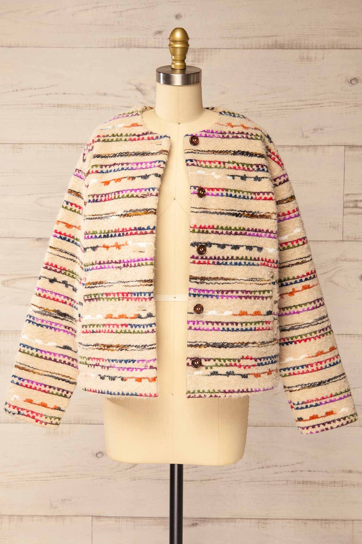 front view of Gamelbert Beige Jacket with Multicoloured Stripes open at La petite garçonne