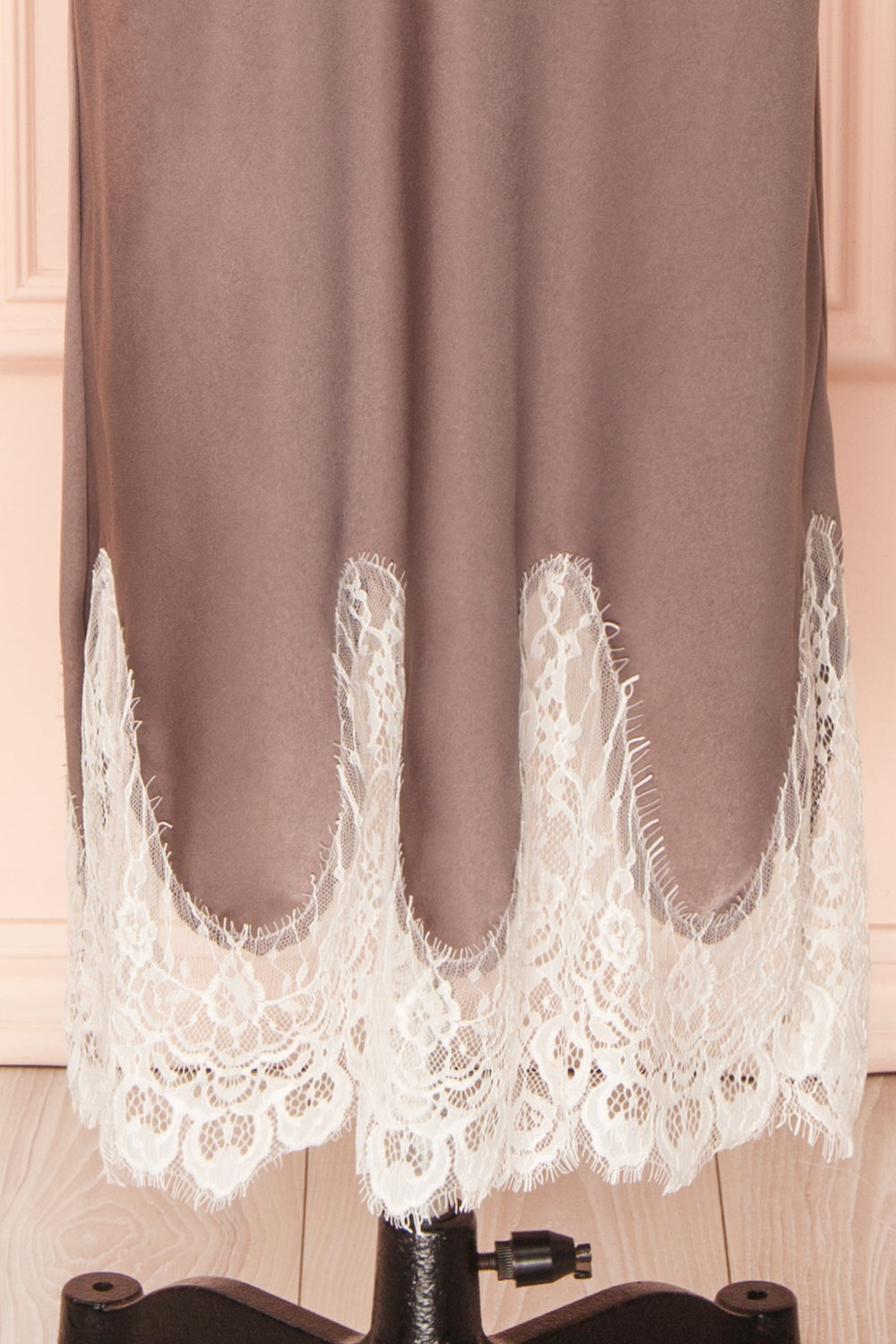 Gamma Mauve Maxi Satin Skirt w/ Lace | Boutique 1861 front close-up