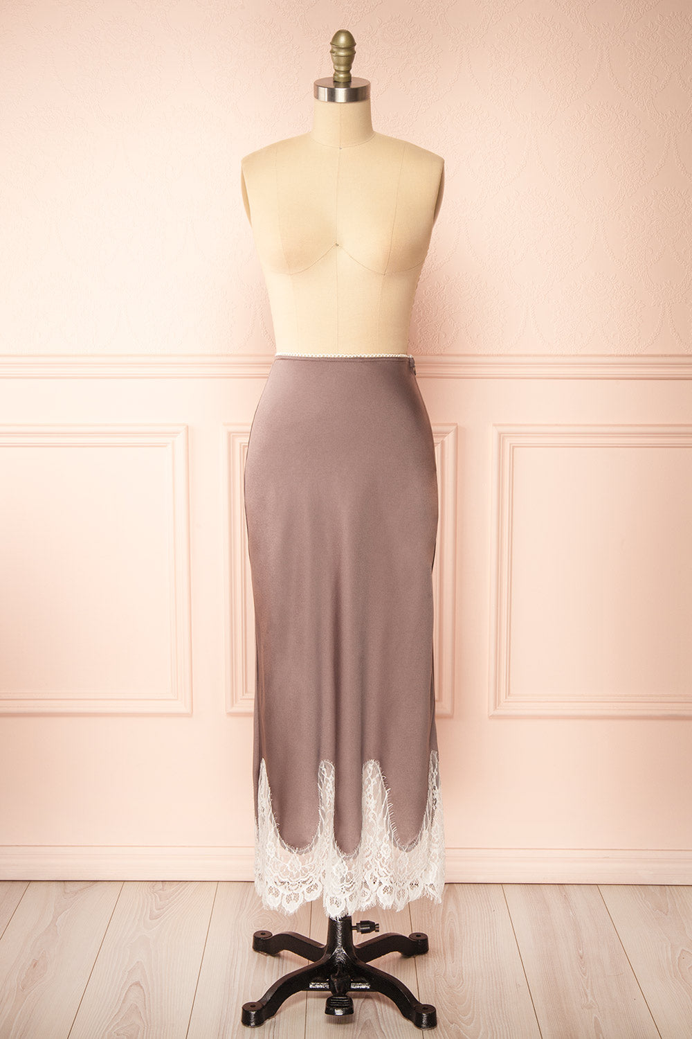 Gamma Mauve Maxi Satin Skirt w/ Lace | Boutique 1861 front view