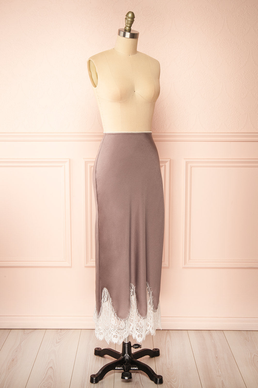 Gamma Mauve Maxi Satin Skirt w/ Lace | Boutique 1861 side view