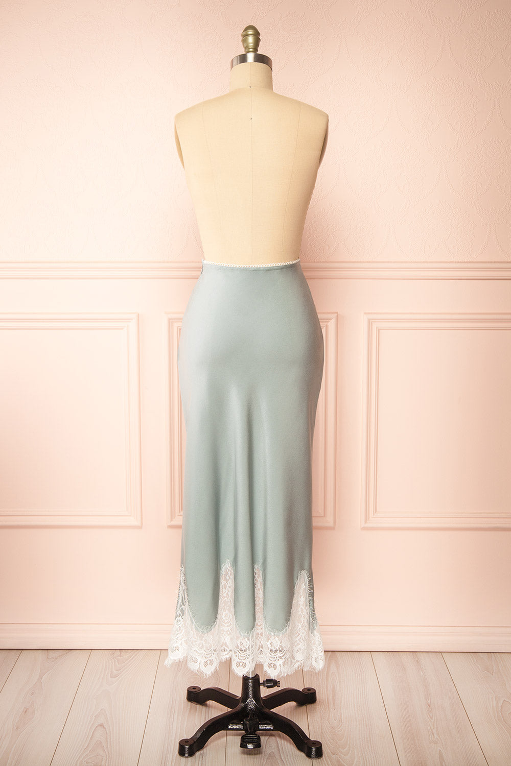 Gamma Mint Maxi Satin Skirt w/ Lace | Boutique 1861 back view