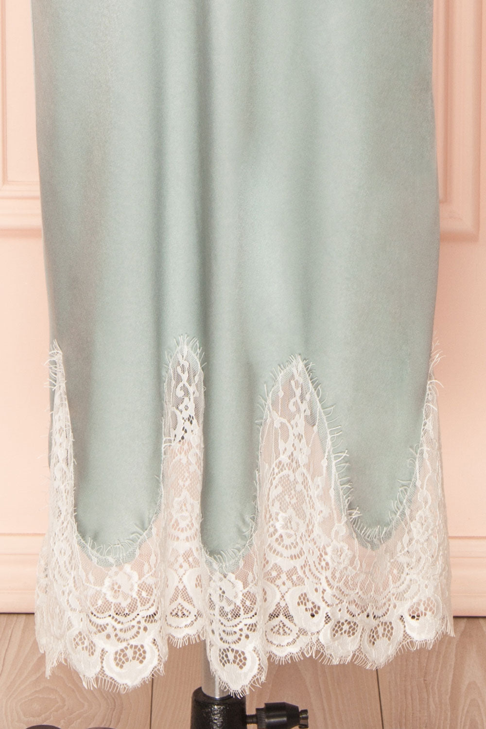 Gamma Mint Maxi Satin Skirt w/ Lace | Boutique 1861 front detail