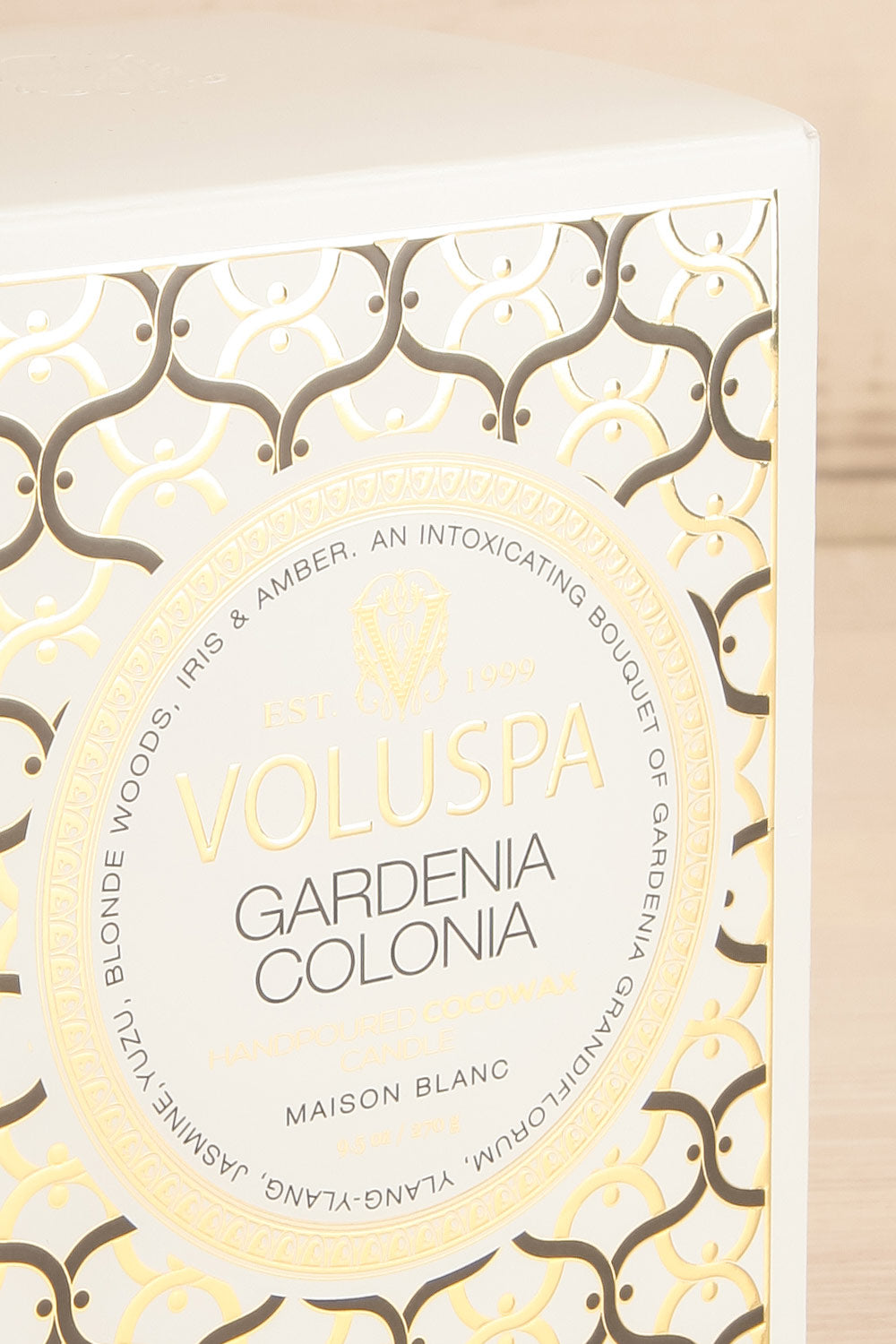 Classic Candle Gardenia Colonia | Voluspa | La Petite Garçonne 9oz box close-up