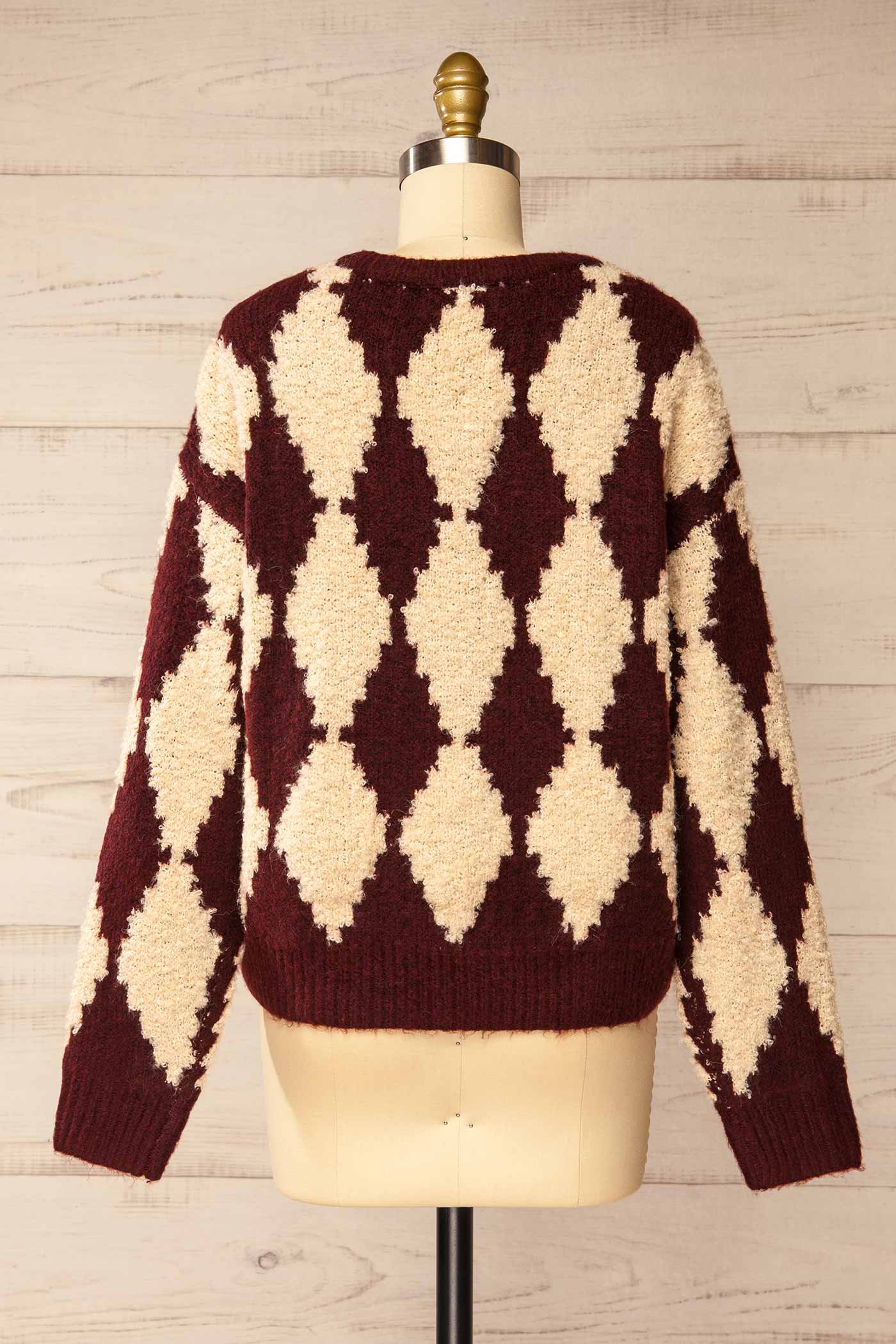 back view of Gawler Burgundy Oversized Argyle V-Neck Knit Sweater at La petite garçonne