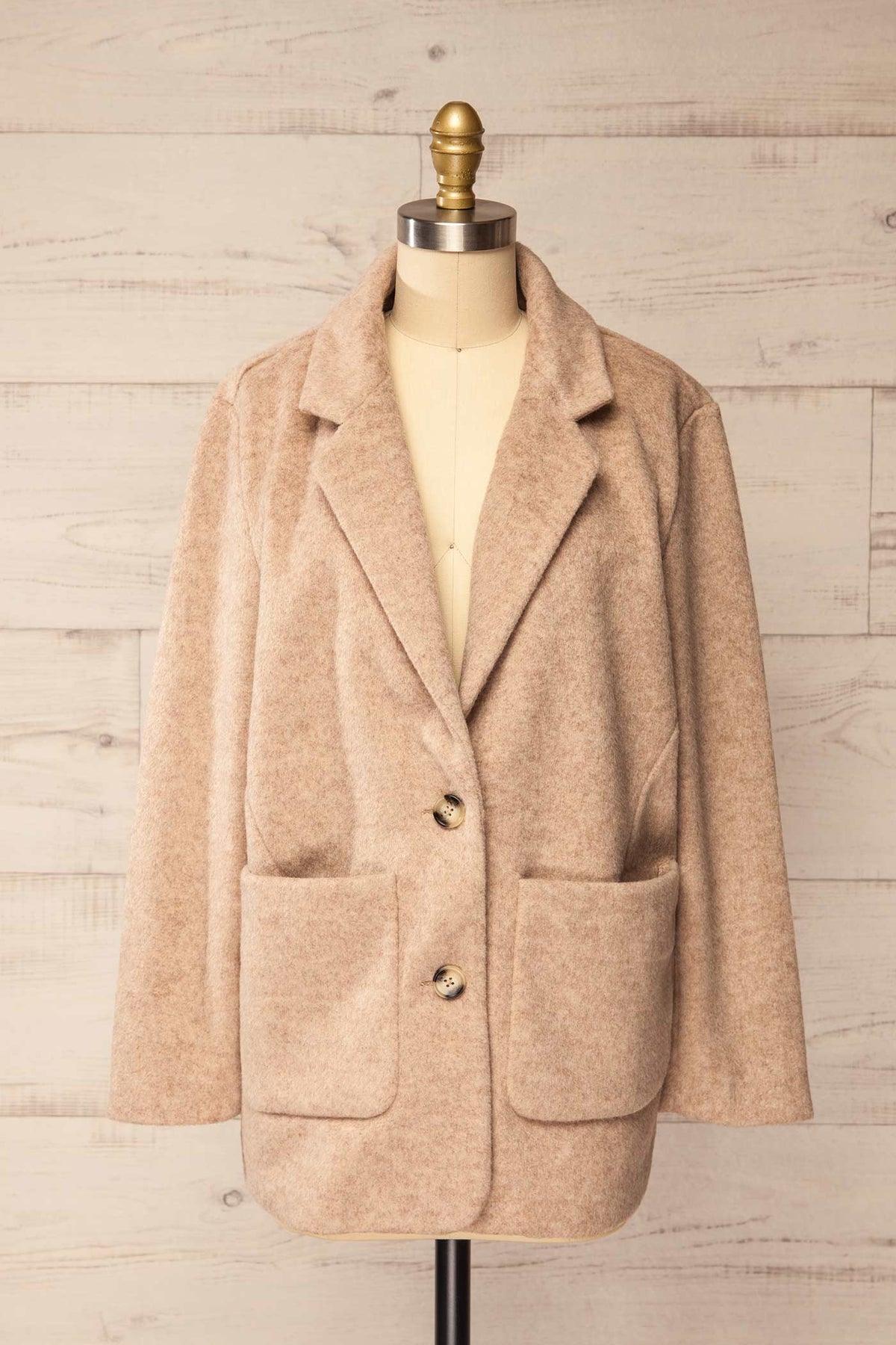 front view of Geelong Oversize Beige Blazer Jacket with Patch Pockets at La petite garçonne