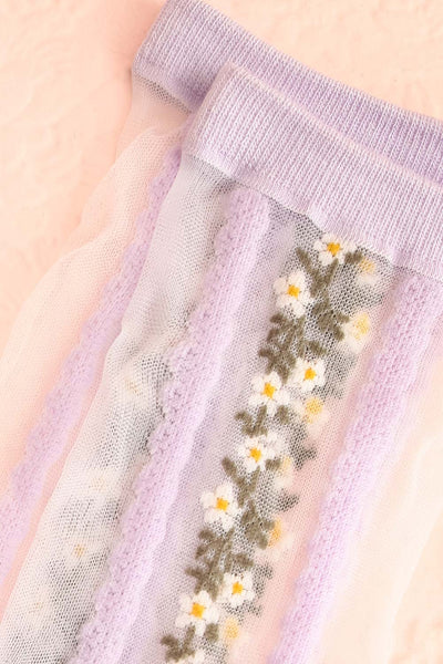 Geira Lilac Sheer Lace Flower Crew Socks | Boutique 1861 close-up