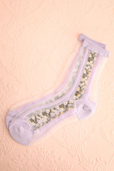 Geira Lilac Sheer Lace Flower Crew Socks | Boutique 1861