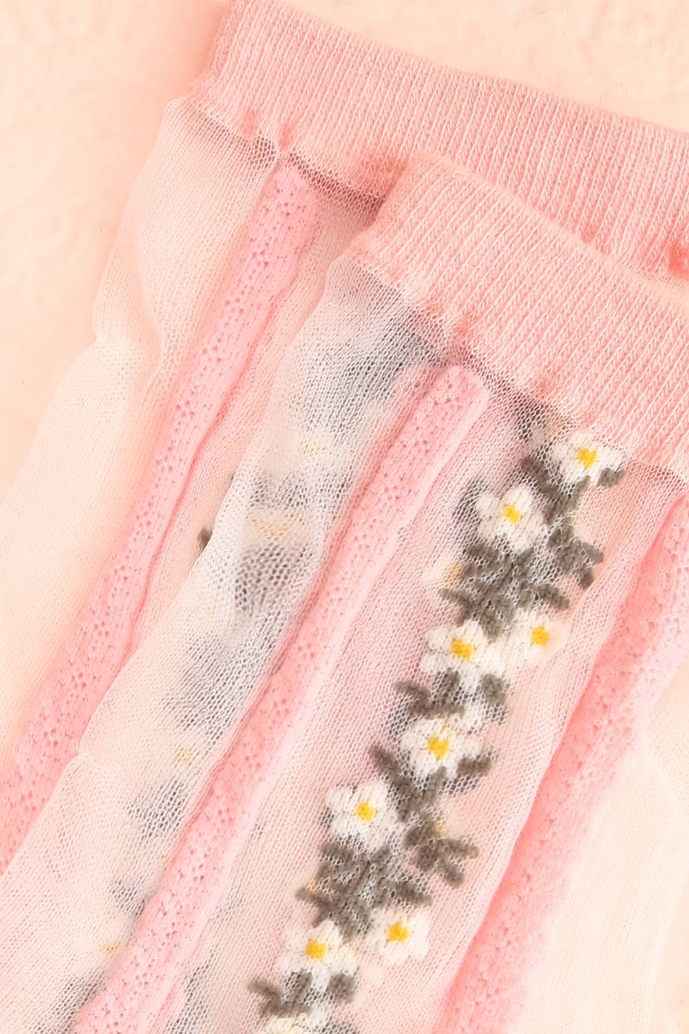 Geira Pink Sheer Lace Flower Crew Socks | Boutique 1861 close-up