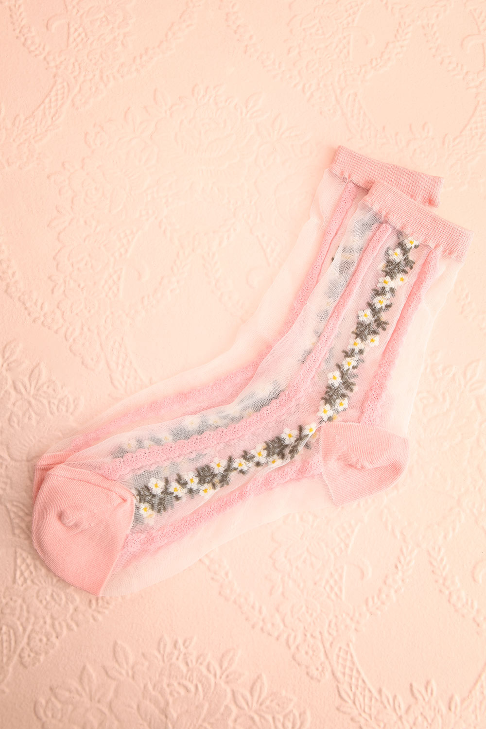 Geira Pink Sheer Lace Flower Crew Socks | Boutique 1861  