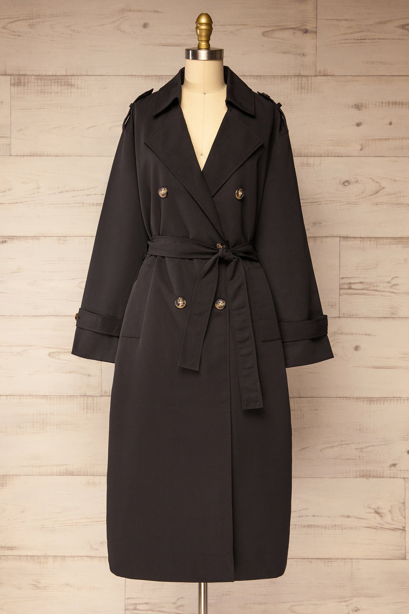 front view Gembloux Black Double Breasted Trench Coat at La petite garçonne 