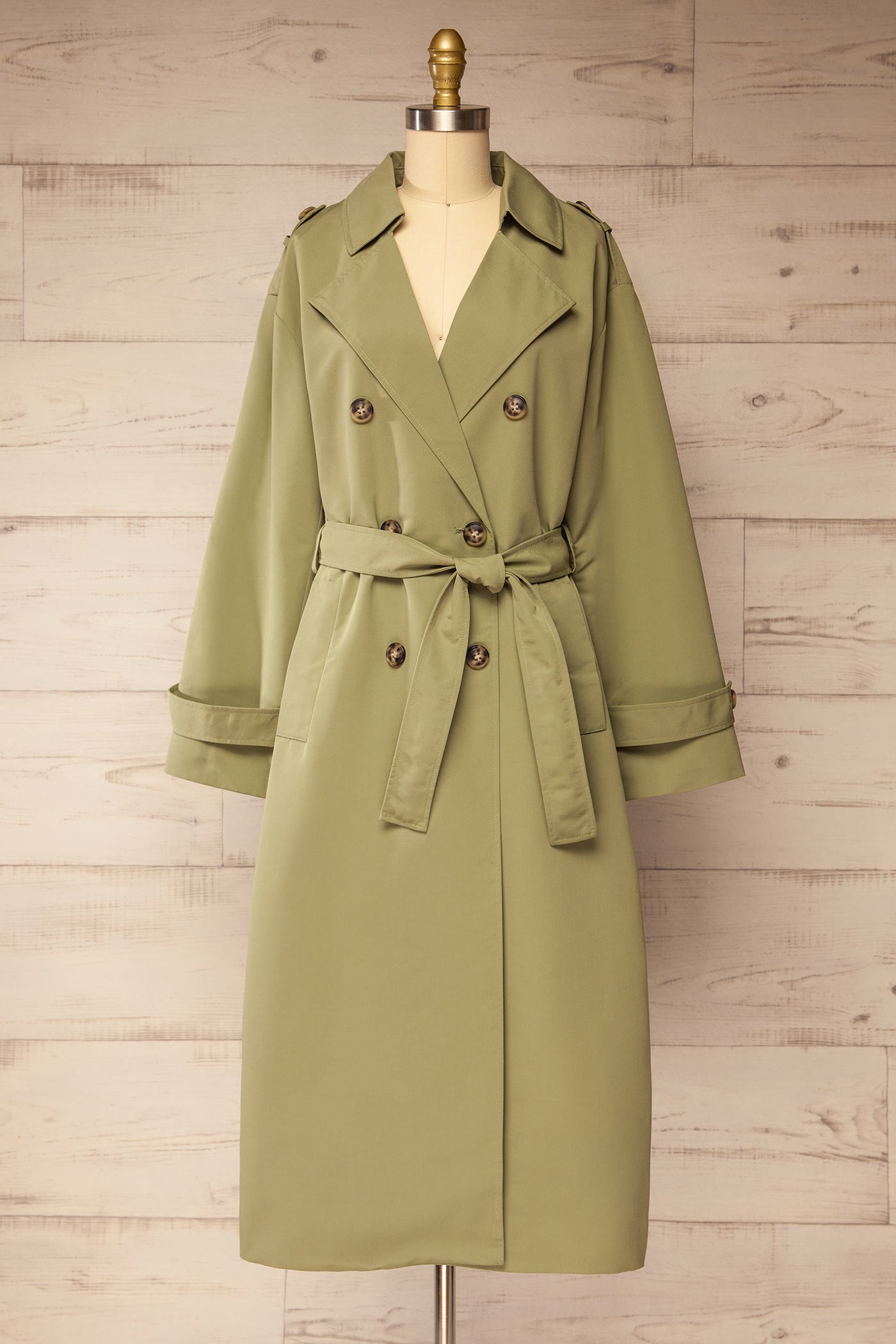 front view of Gembloux Sage Double Breasted Trench Coat at La petite garçonne