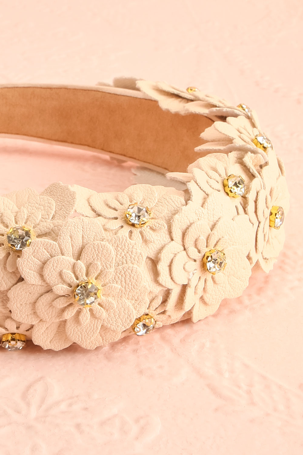 Gemmy Beige Headband w/ Faux-Leather Flowers | Boutique 1861 flat close-up