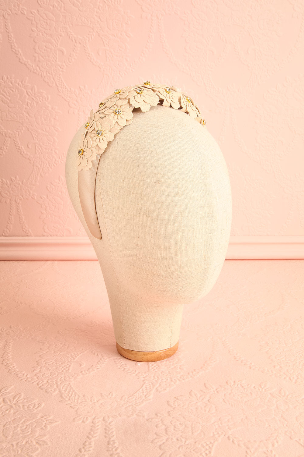 Gemmy Beige Headband w/ Faux-Leather Flowers | Boutique 1861