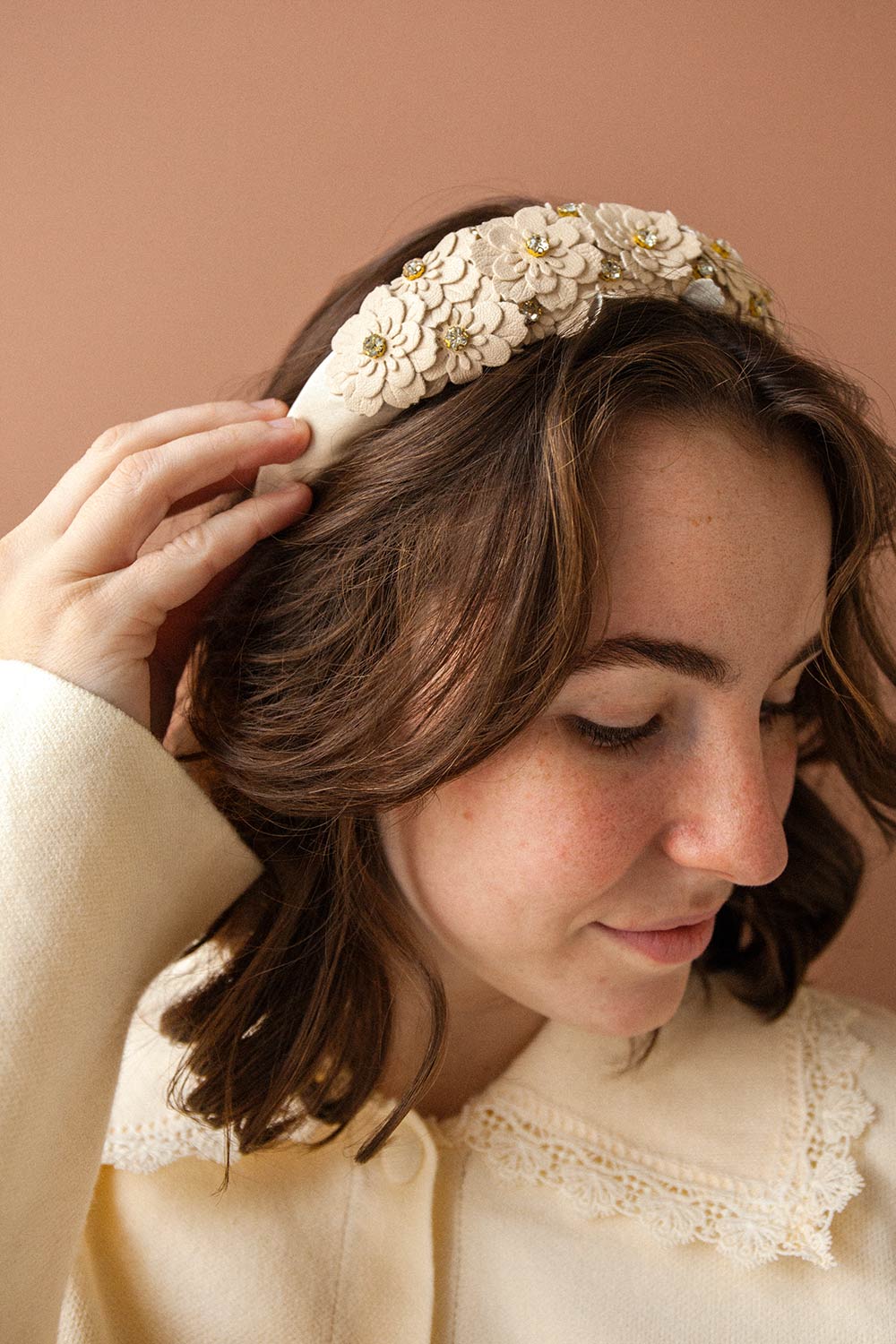 Gemmy Beige Headband w/ Faux-Leather Flowers | Boutique 1861 model