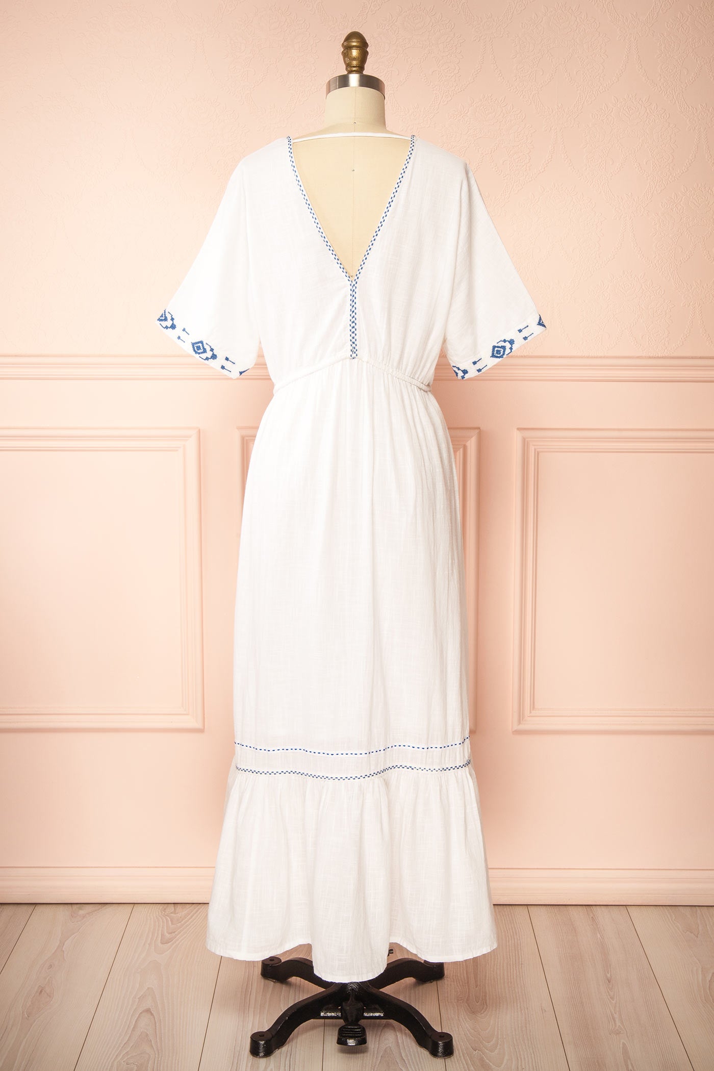 Backview Georgette Embroidered White V-Neck Maxi Dress with Tassel Tie at boutique 1861