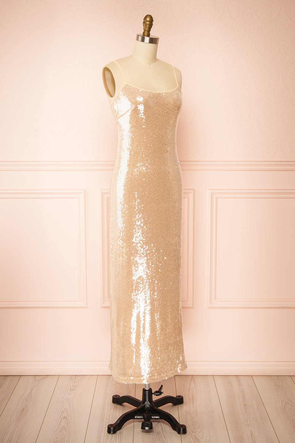 Georgiana Beige Sequin Midi Dress with Delicate Straps | Boutique 1861 side view