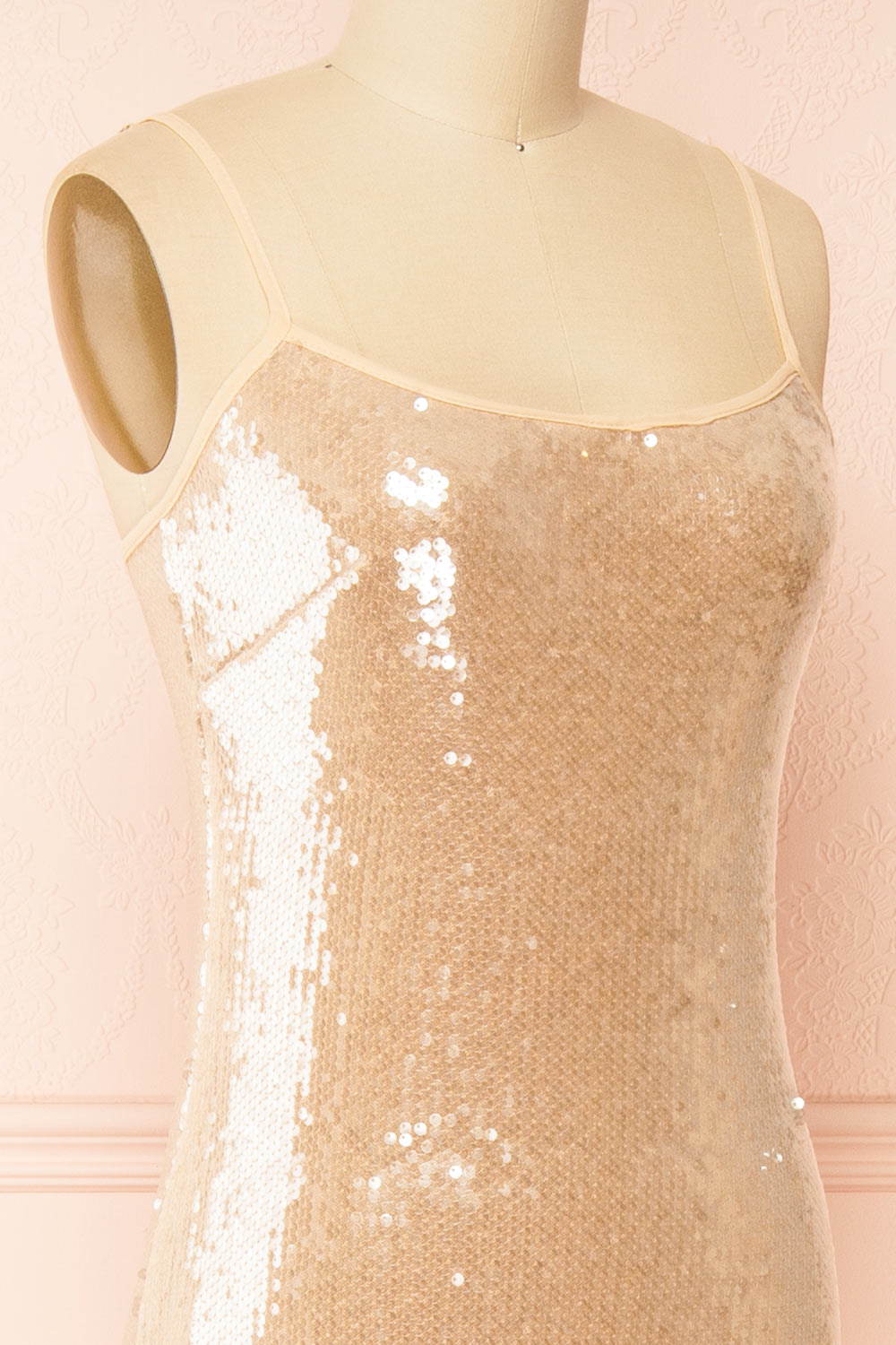 Georgiana Beige Sequin Midi Dress with Delicate Straps | Boutique 1861 side
