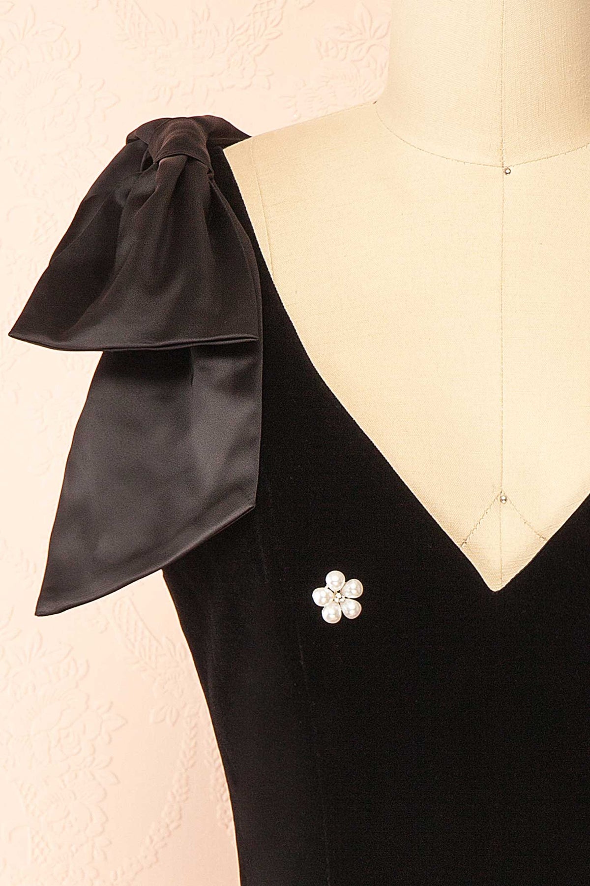 Geynneth Black | Velvet Pearl Embellished Bow Shoulder Mini Dress