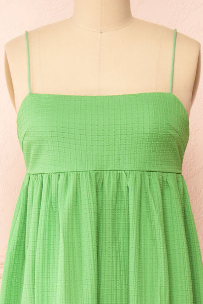 Gilli Green Waffle Weave Midi Babydoll Dress | Boutique 1861 front close-up