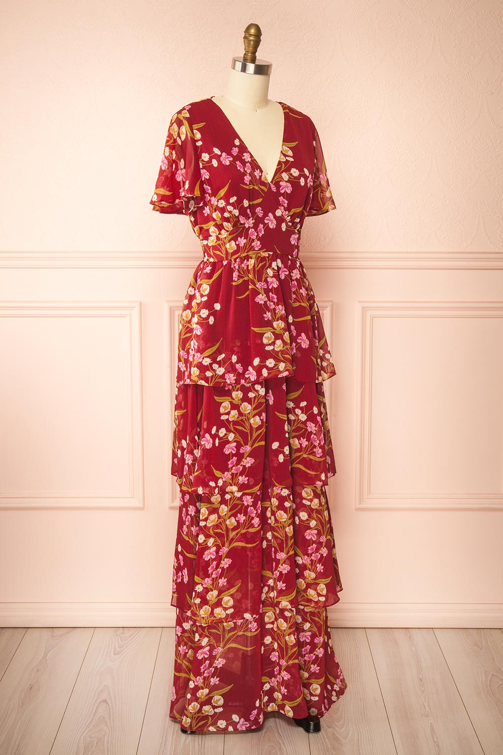 Ginna Tiered Burgundy Maxi Dress with Floral Pattern | Boutique 1861 side view