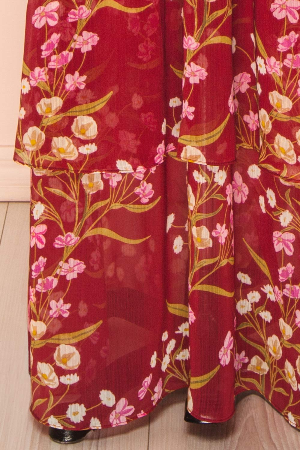Ginna Tiered Burgundy Maxi Dress with Floral Pattern | Boutique 1861 bottom