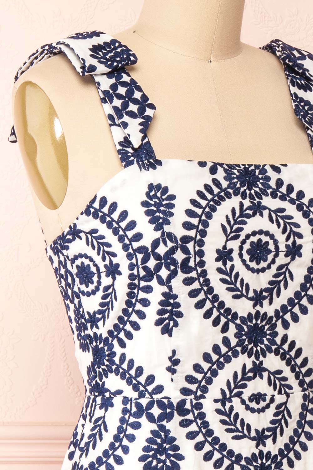 Gisa White Midi Dress w/ Navy Floral Embroidery | Boutique 1861 side close-up