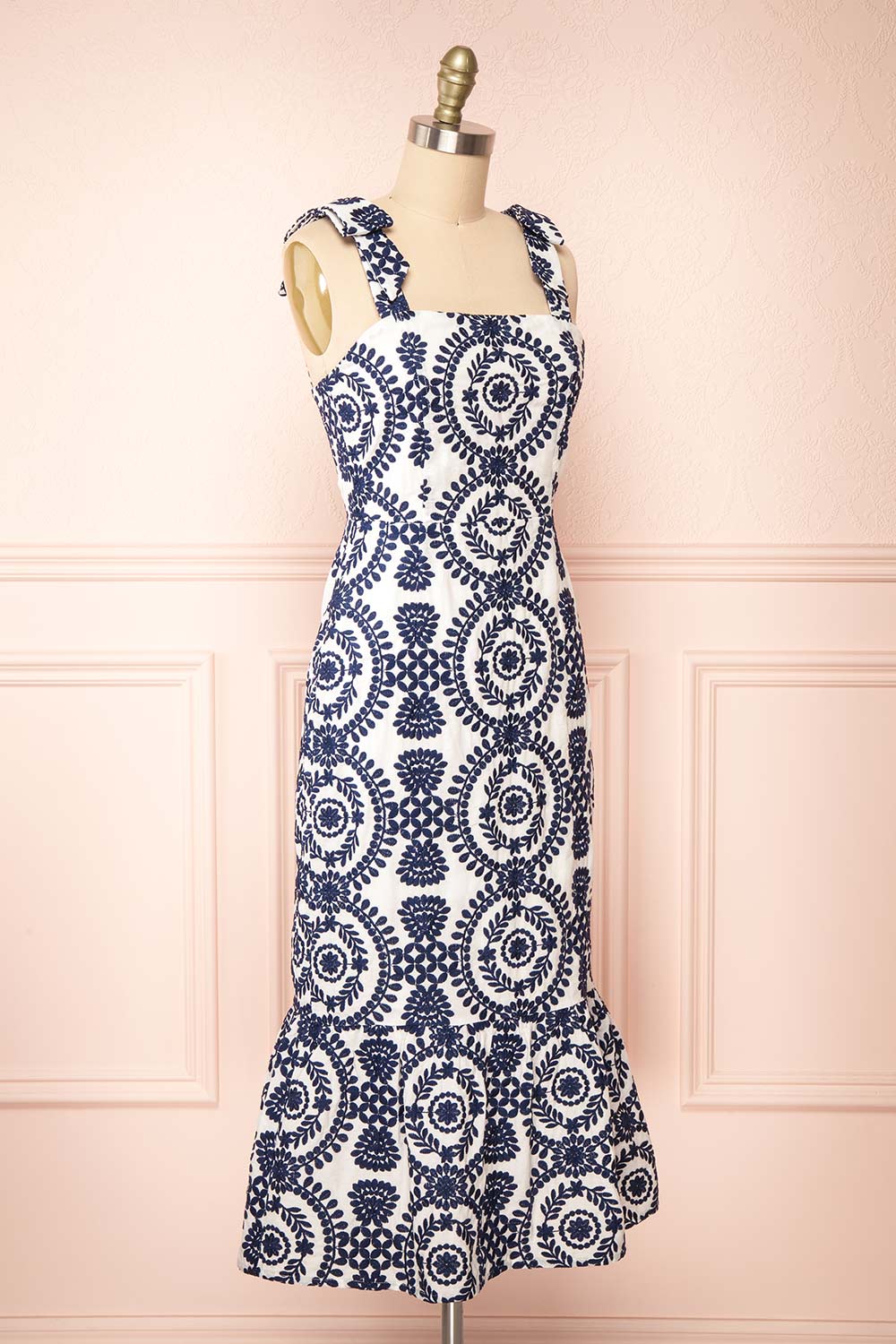 Gisa White Midi Dress w/ Navy Floral Embroidery | Boutique 1861 side view