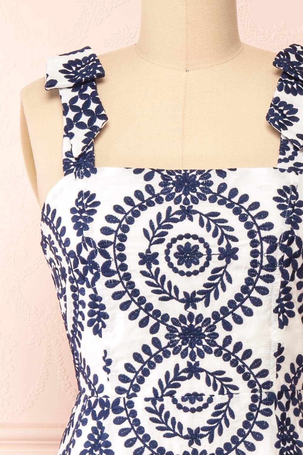 Gisa White Midi Dress w/ Navy Floral Embroidery | Boutique 1861 front close-up