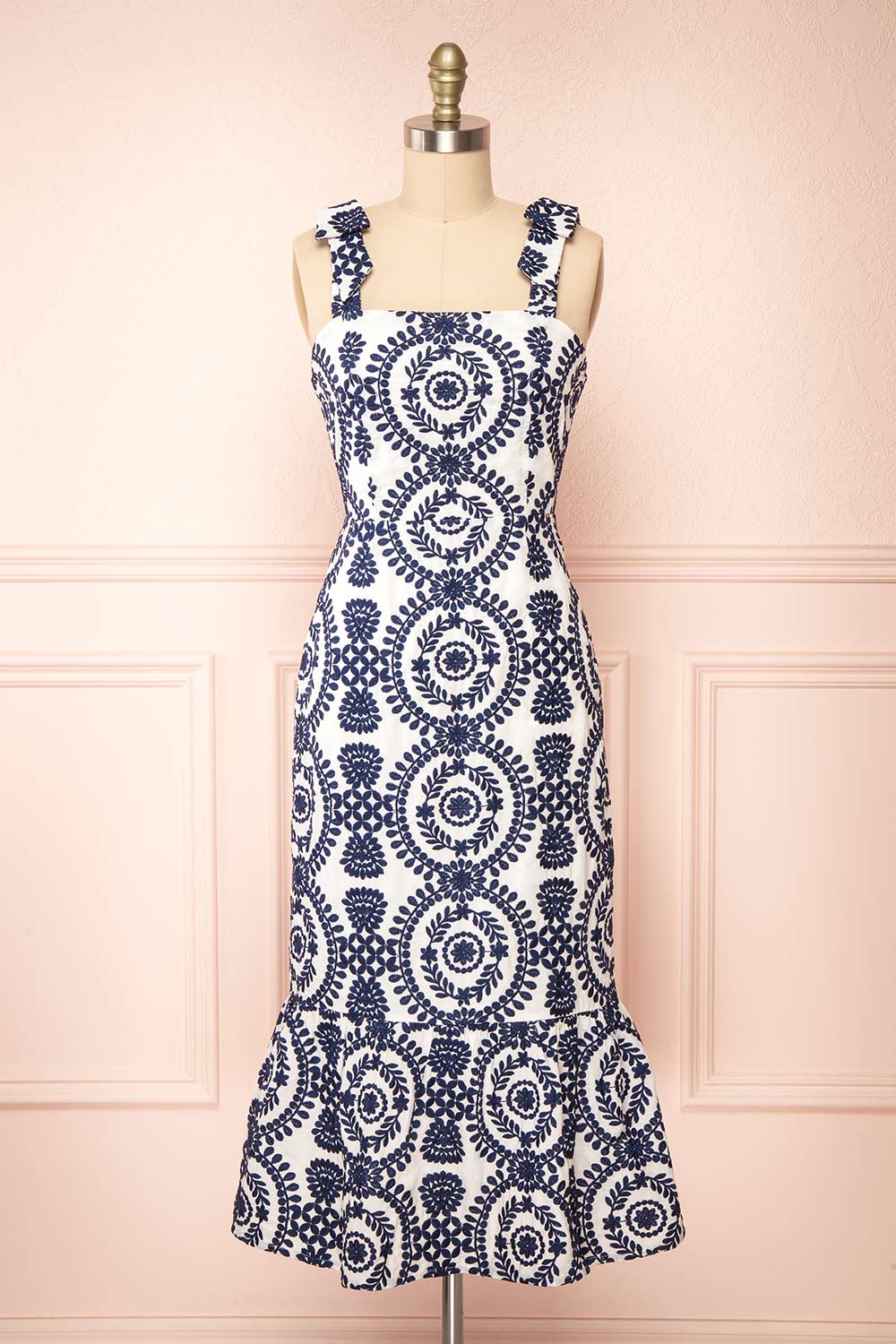 Gisa White Midi Dress w/ Navy Floral Embroidery | Boutique 1861 front view
