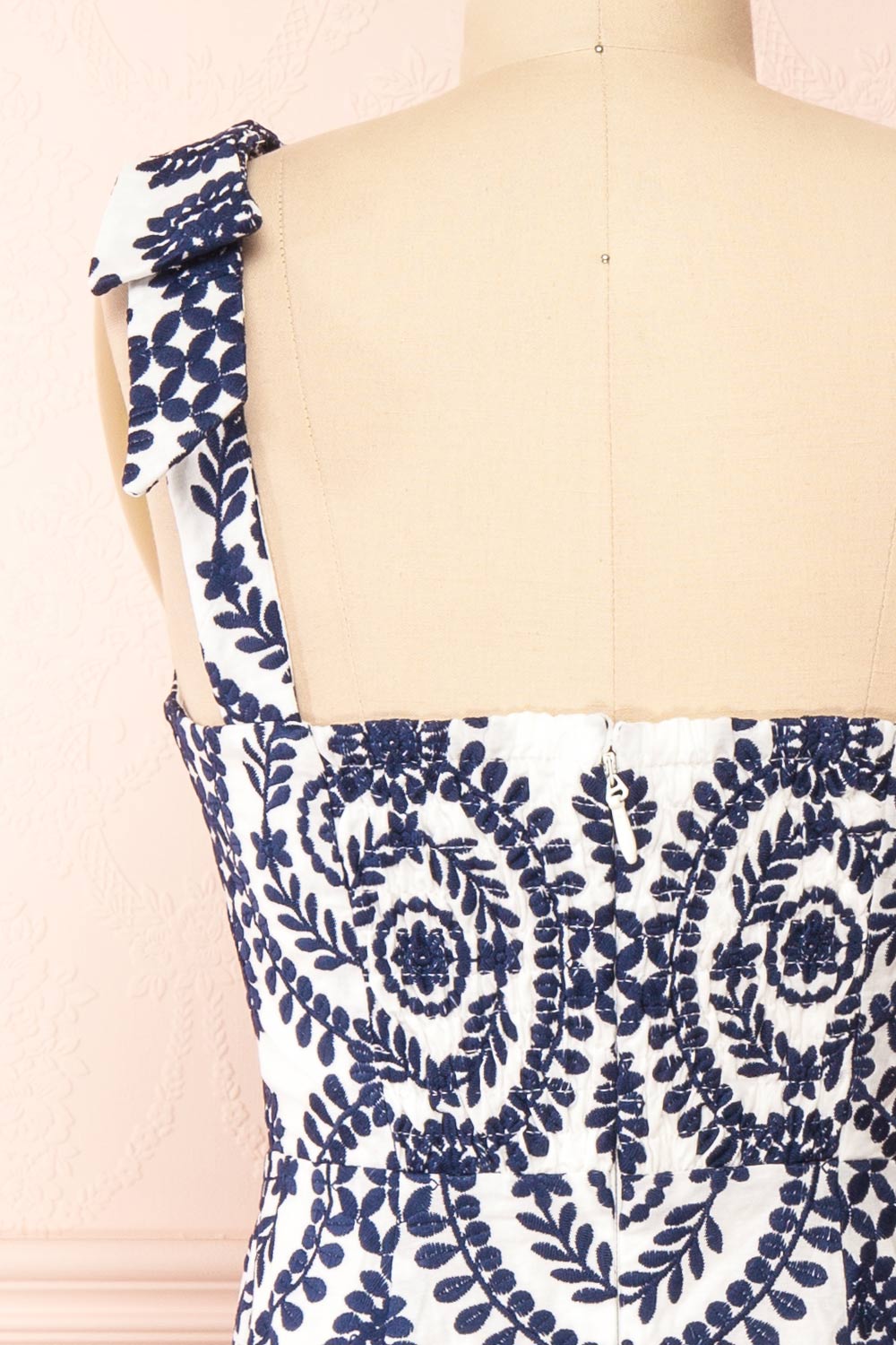 Gisa White Midi Dress w/ Navy Floral Embroidery | Boutique 1861 back close-up