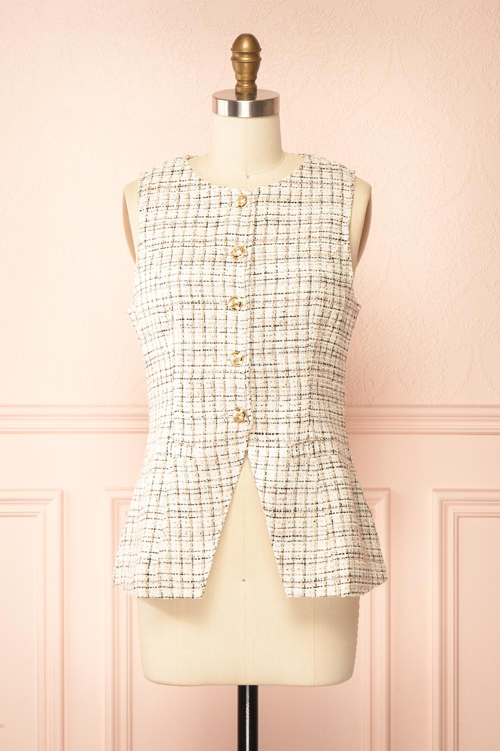 Gisella Sleveless Tweed Top with Gold Buttons | Boutique 1861 front view