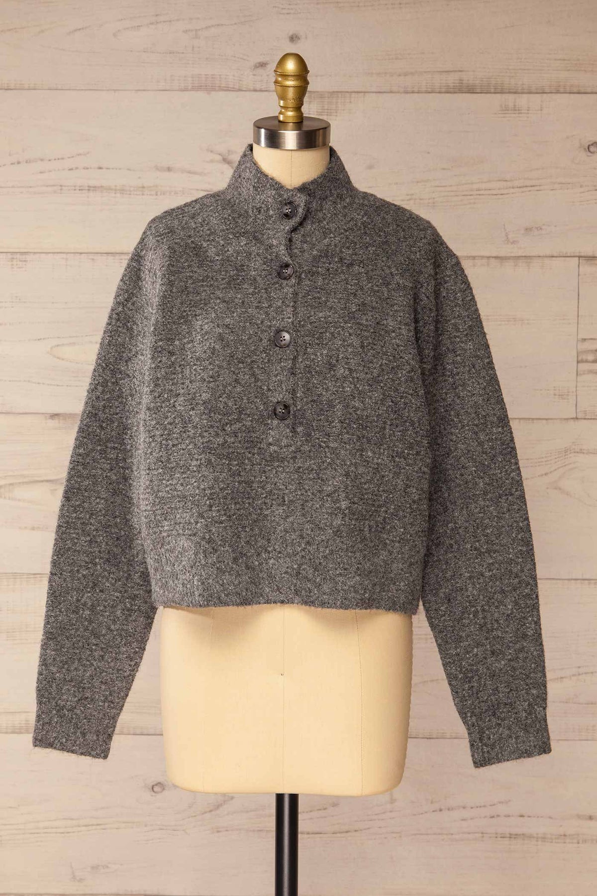 front view of Gladstone Grey High-Neck Buttoned Cropped Knit Sweater at La petite garçonne