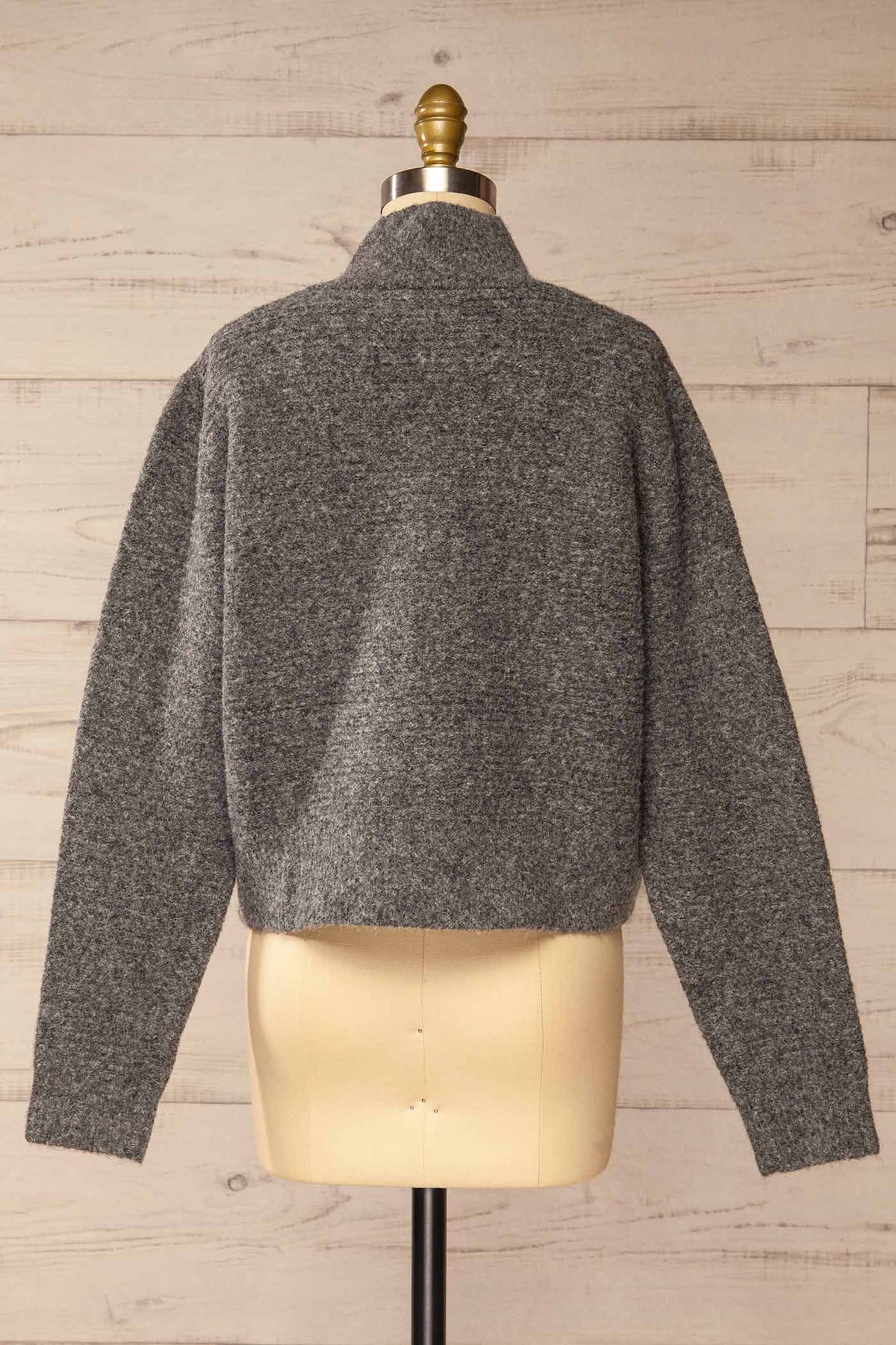 back view of Gladstone Grey High-Neck Buttoned Cropped Knit Sweater at La petite garçonne