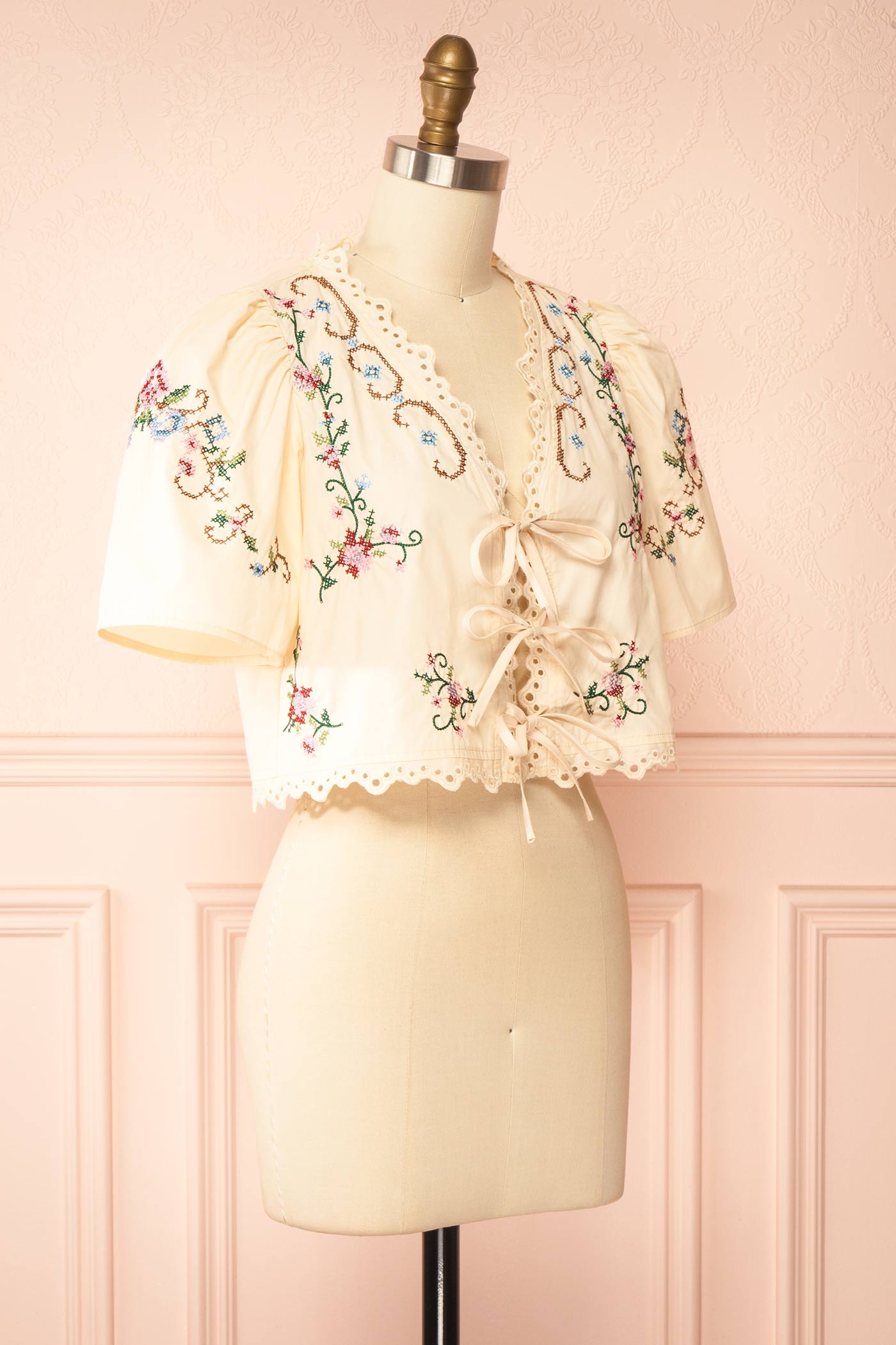 Sideview Glenna Beige Embroidered Cropped Top at boutique 1861