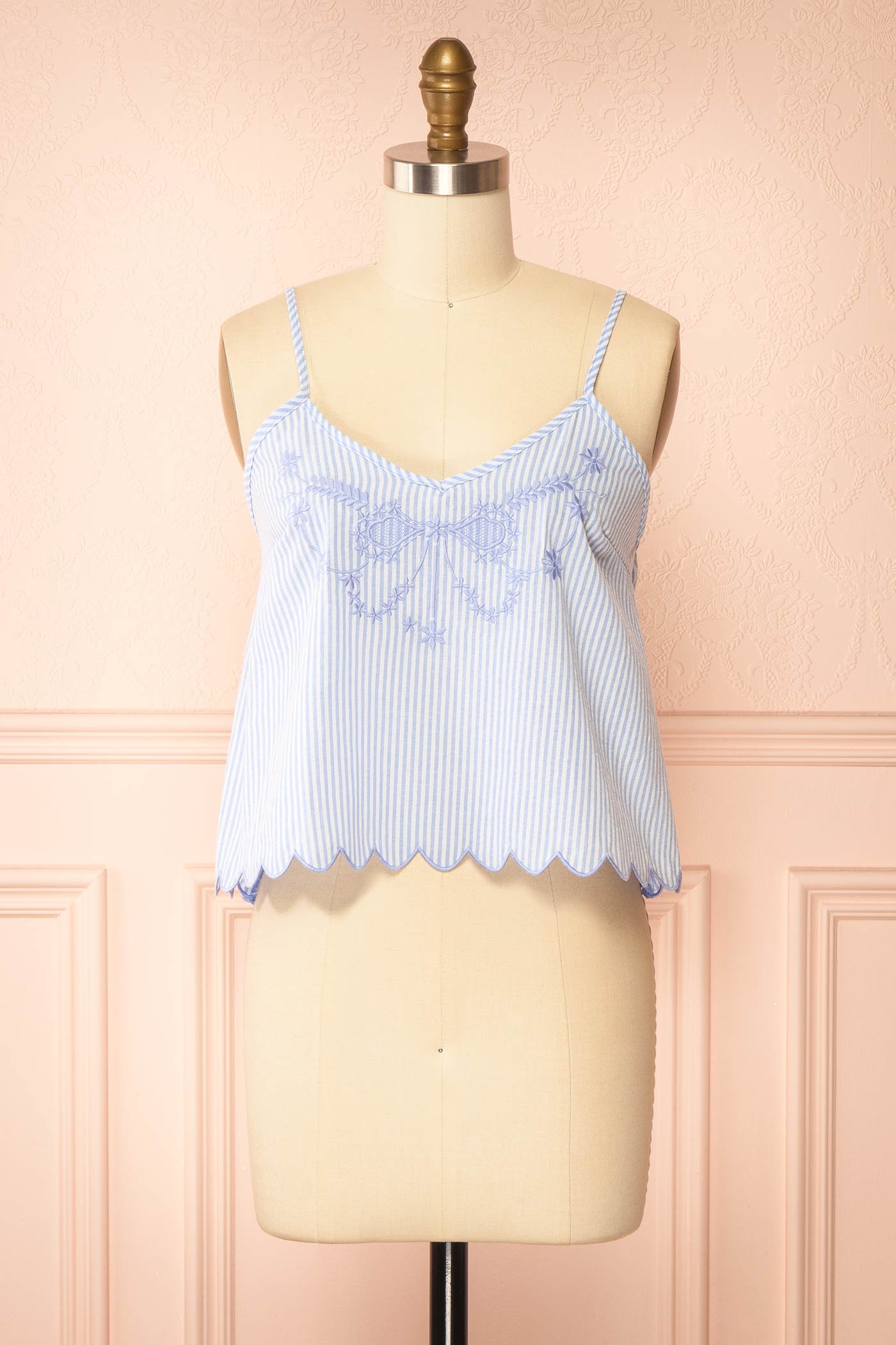 Front view of Glinda Blue Embroidered Striped Pajama Camisole Top with Scalloped Hem at la boutique 1861