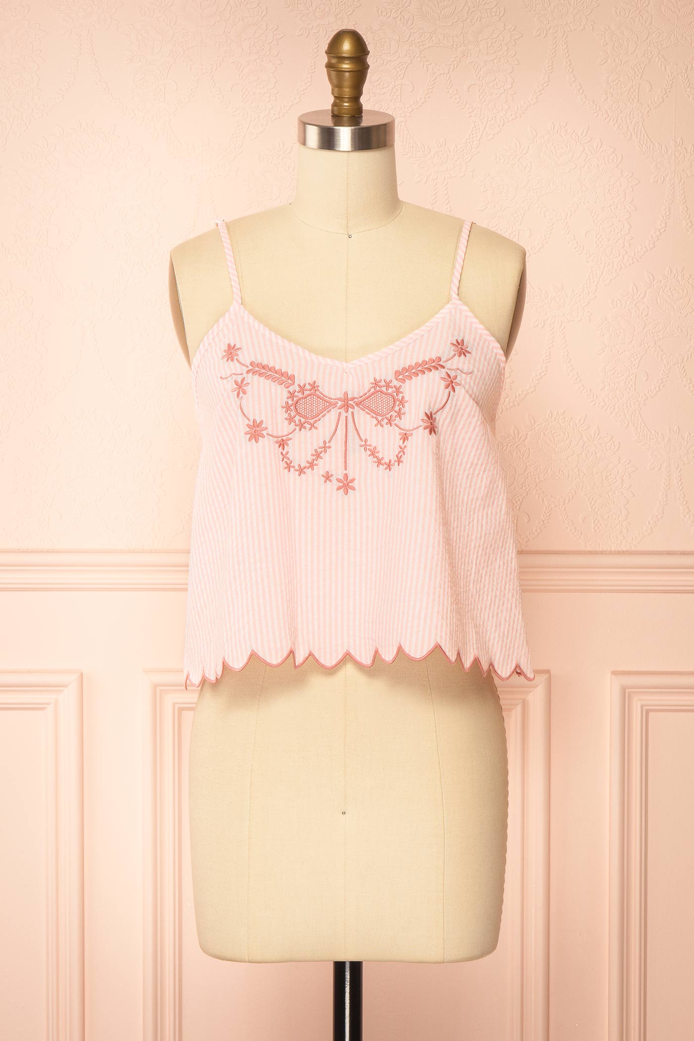 Front view Glinda Pink Embroidered Striped Pajama Camisole Top with Scalloped Hem at boutique 1861