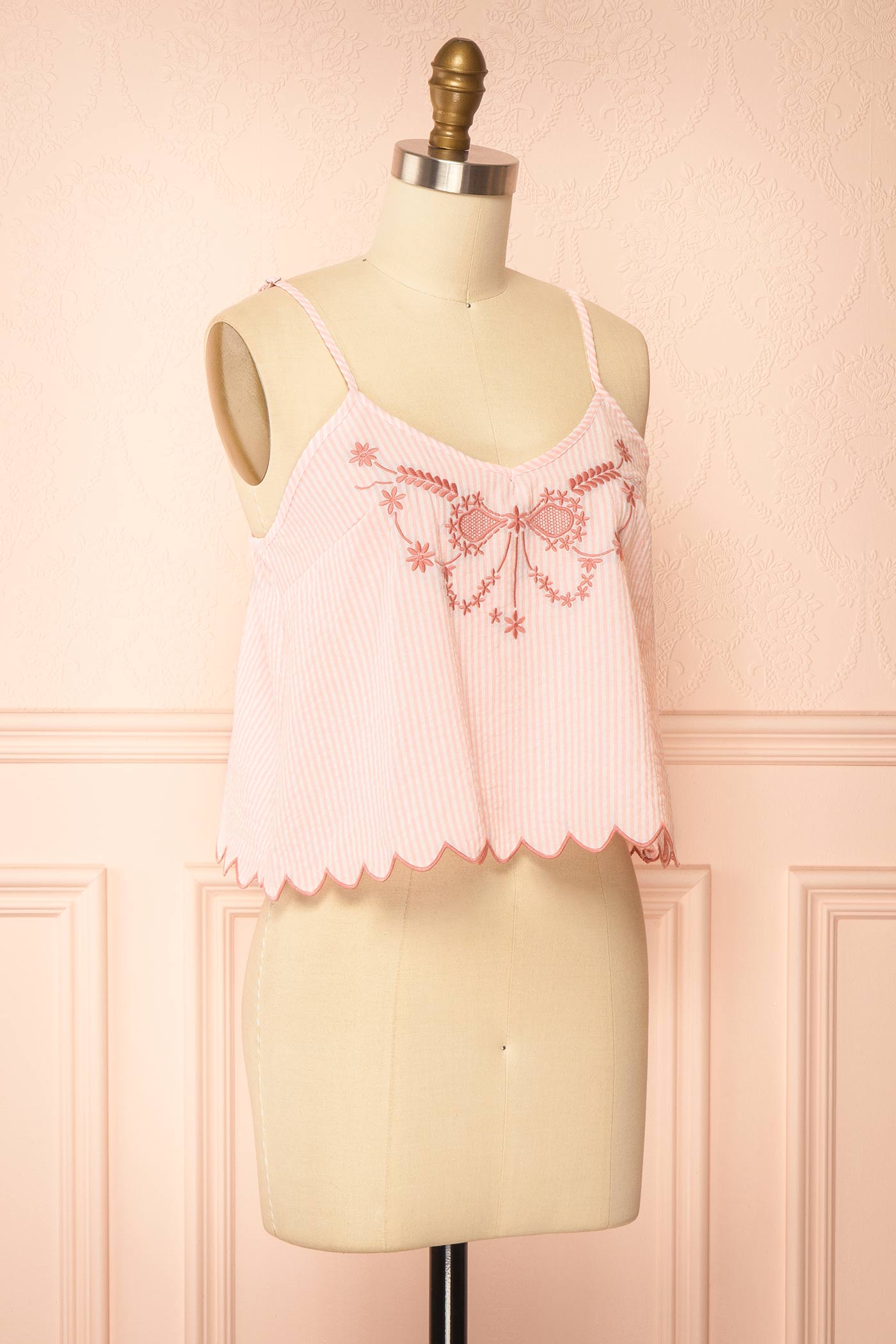 Profile view Glinda Pink Embroidered Striped Pajama Camisole Top with Scalloped Hem at boutique 1861