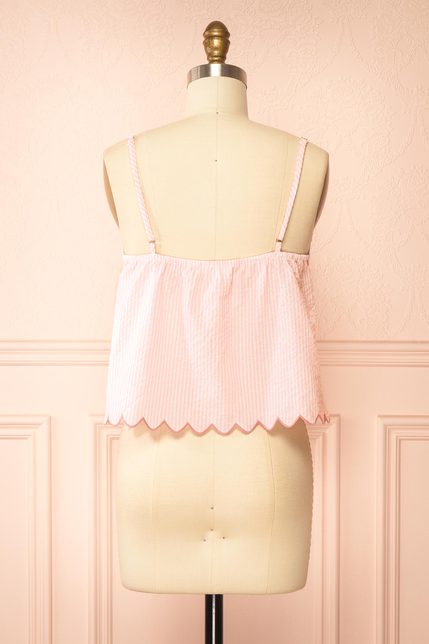 Back view Glinda Pink Embroidered Striped Pajama Camisole Top with Scalloped Hem at boutique 1861