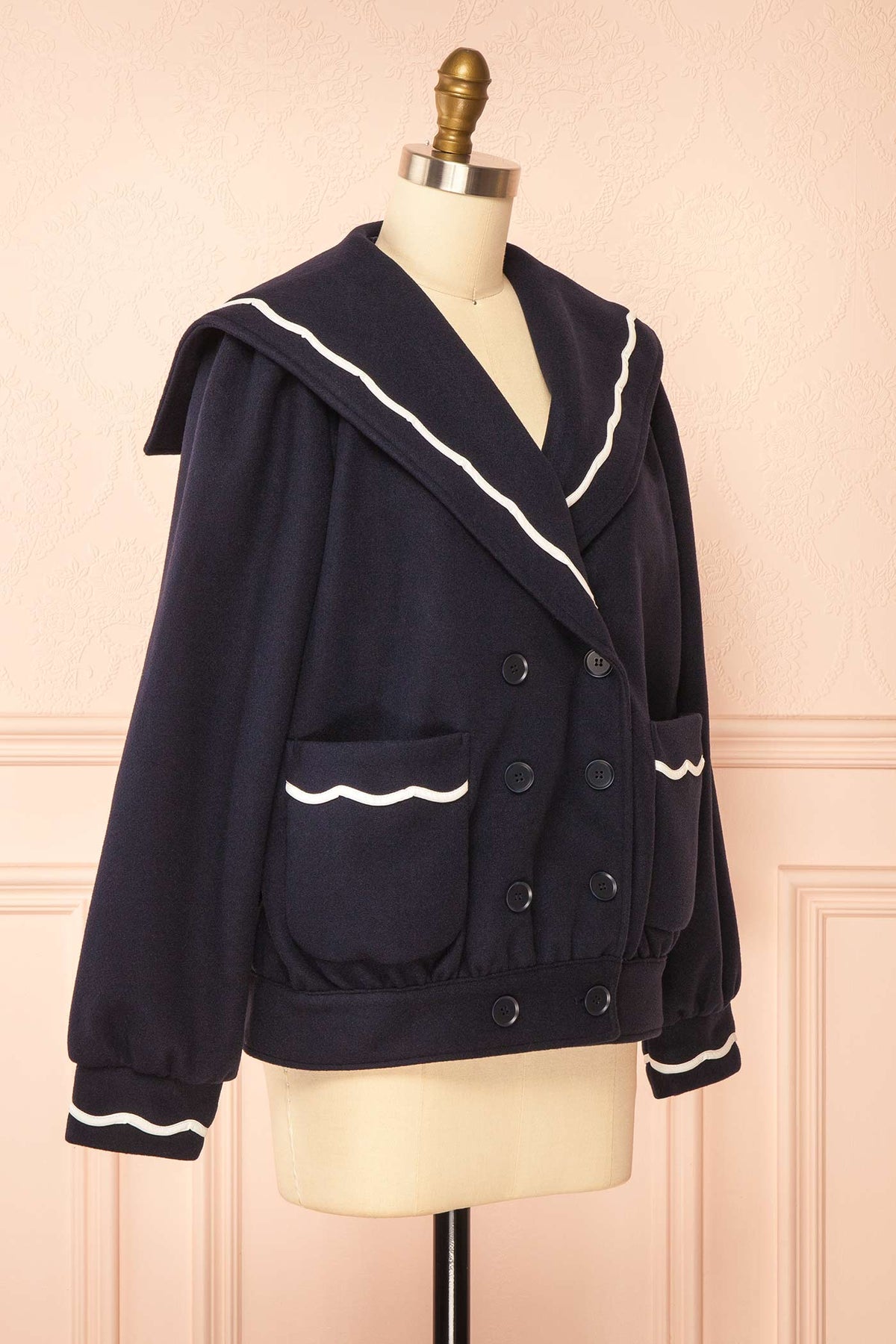 side view of Goiania Navy Short Jacket with Sailor Collar at Boutique 1861