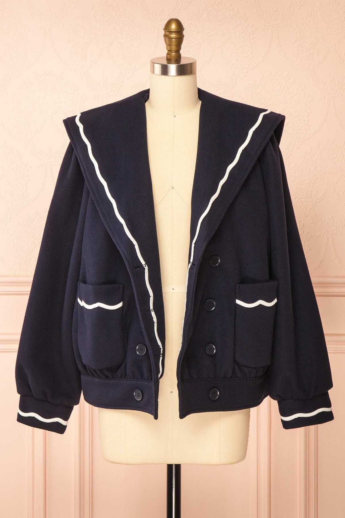 open view of Goiania Navy Short Jacket with Sailor Collar at Boutique 1861