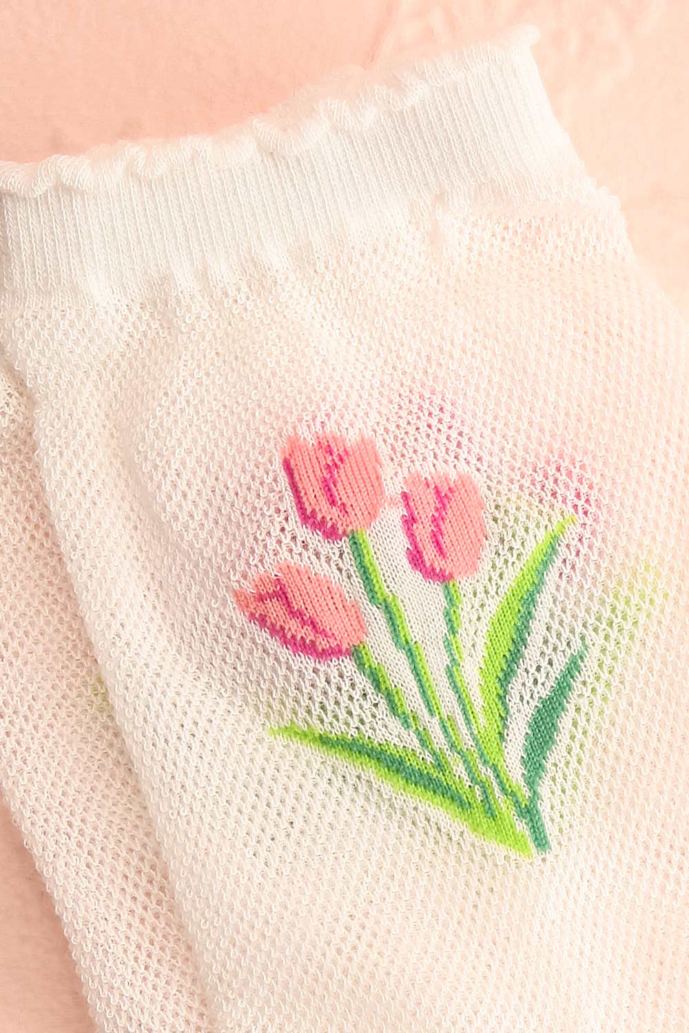 Gonata White Mesh Socks w/ Tulips | Boutique 1861 close-up