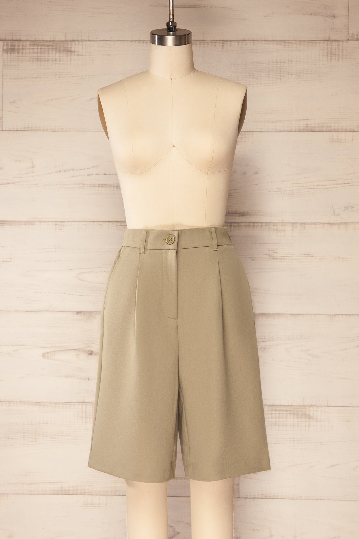Front view Gonda Taupe Tailored Bermuda Shorts at la petite garçonne
