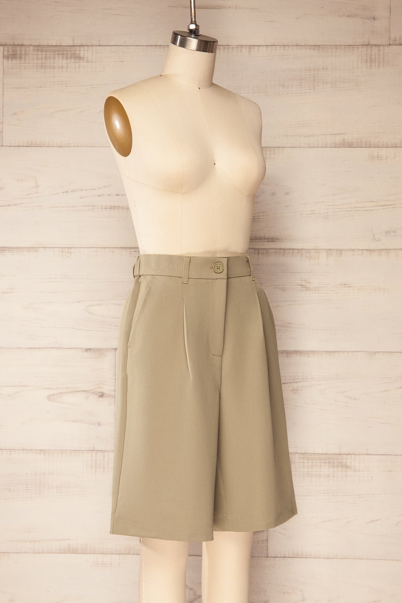Profile view Gonda Taupe Tailored Bermuda Shorts at la petite garçonne