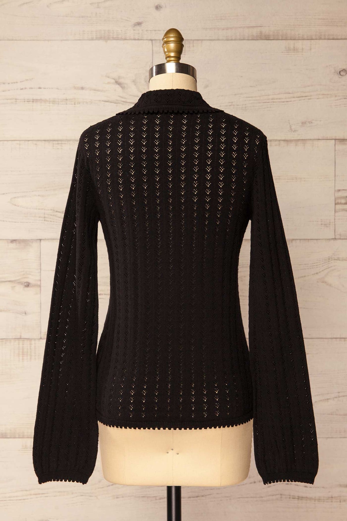 back front view of Gondar Black Fitted Pointelle Knit Cardigan at La petite garçonne