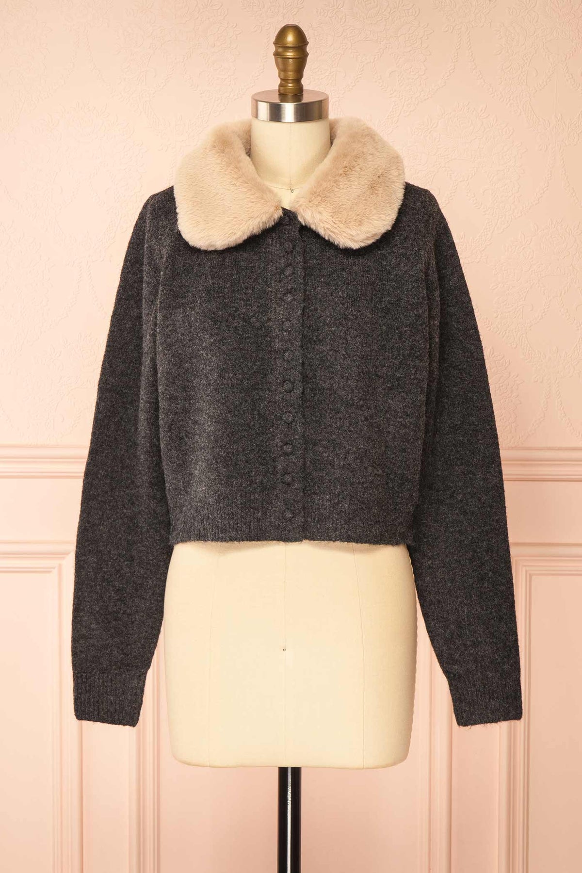 front view Gordana Charcoal Faux-Fur Collar Button-Up Knit Cardigan at Boutique 1861