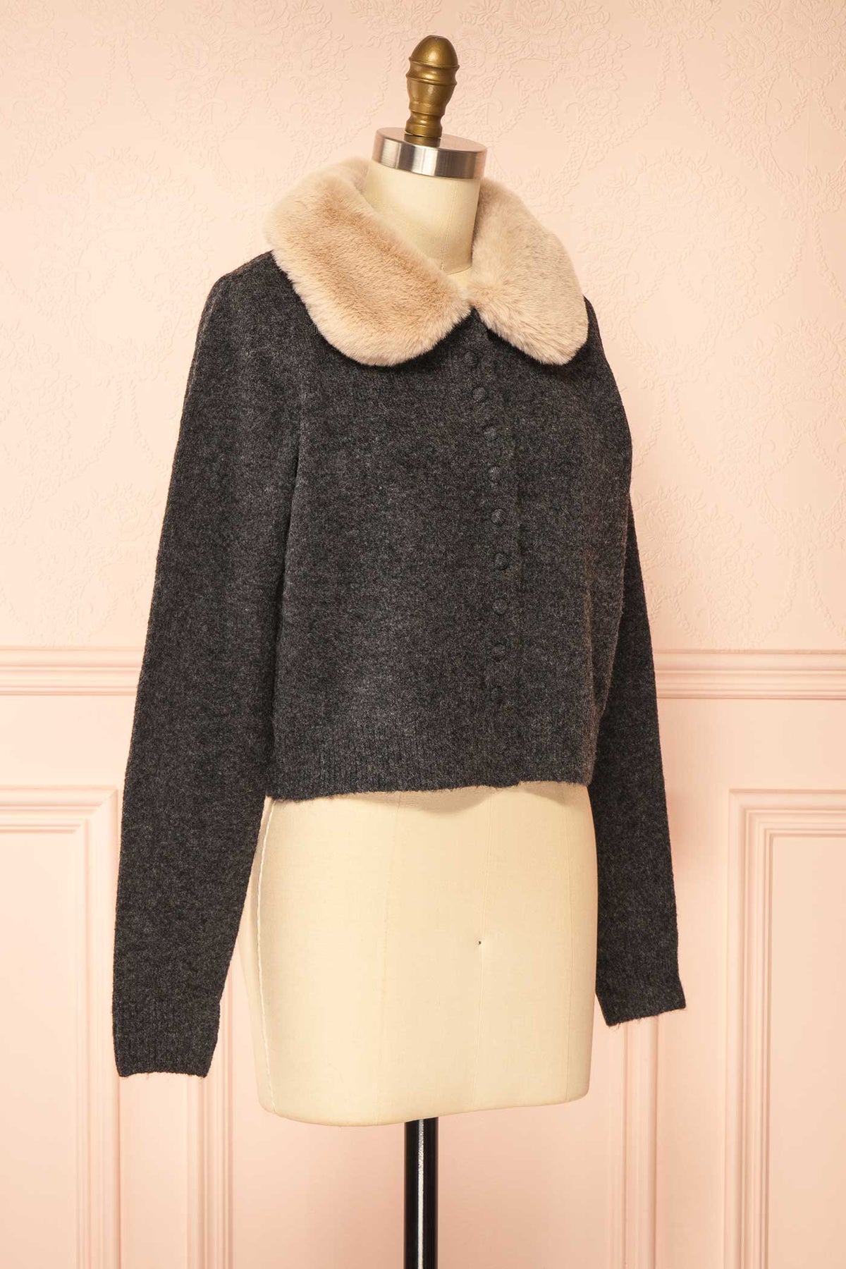 side view Gordana Charcoal Faux-Fur Collar Button-Up Knit Cardigan at Boutique 1861