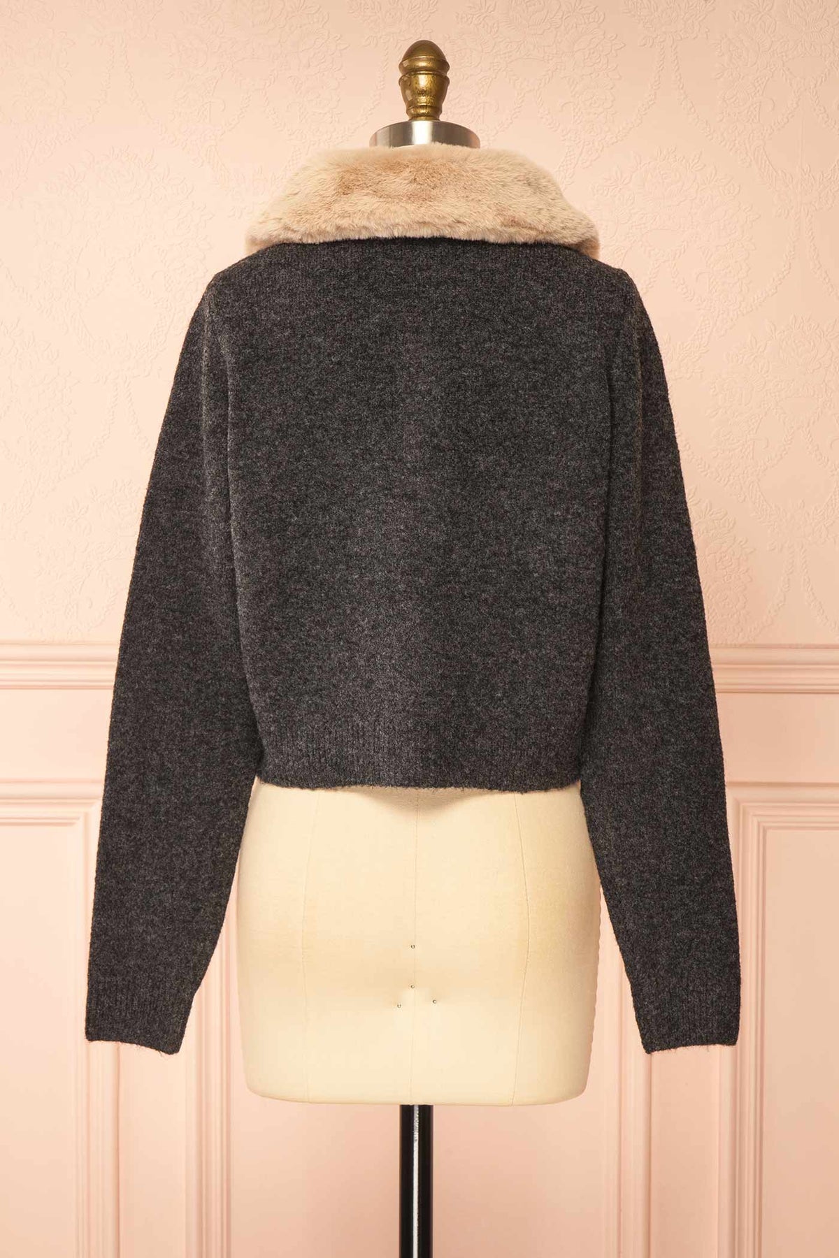 back view Gordana Charcoal Faux-Fur Collar Button-Up Knit Cardigan at Boutique 1861