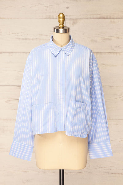 Gotham Blue Striped Cropped Shirt w/ Pockets | La petite garçonne front view